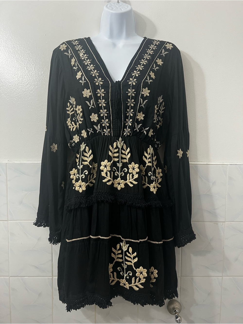 Women’s Floral Embroidered Bell Sleeve Mini Dress One Size Boho Cottage Festival